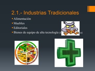 2.1.- Industrias Tradicionales
Alimentación
Muebles
Editoriales
Bienes de equipo de alta tecnología (farmacia, electrónica)
 