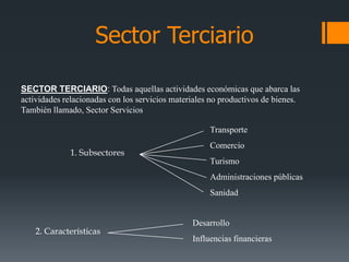 SECTOR TERCIARIO: Todas aquellas actividades económicas que abarca las
actividades relacionadas con los servicios materiales no productivos de bienes.
También llamado, Sector Servicios
1. Subsectores
2. Características
Transporte
Comercio
Turismo
Administraciones públicas
Sanidad
Desarrollo
Influencias financieras
Sector Terciario
 