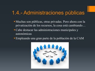 1.4.- Administraciones públicas
Muchas son públicas, otras privadas. Pero ahora con la
privatización de los recursos, la cosa está cambiando…
Cabe destacar las administraciones municipales y
autonómicas
Empleando una gran parte de la población de la CAM
 