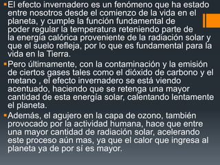El efecto invernadero es un fenómeno que ha estado
entre nosotros desde el comienzo de la vida en el
planeta, y cumple la función fundamental de
poder regular la temperatura reteniendo parte de
la energía calórica proveniente de la radiación solar y
que el suelo refleja, por lo que es fundamental para la
vida en la Tierra.
Pero últimamente, con la contaminación y la emisión
de ciertos gases tales como el dióxido de carbono y el
metano , el efecto invernadero se está viendo
acentuado, haciendo que se retenga una mayor
cantidad de esta energía solar, calentando lentamente
el planeta.
Además, el agujero en la capa de ozono, también
provocado por la actividad humana, hace que entre
una mayor cantidad de radiación solar, acelerando
este proceso aún mas, ya que el calor que ingresa al
planeta ya de por sí es mayor.
 
