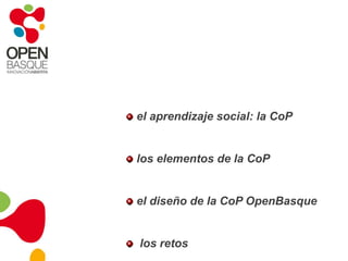el aprendizaje social: la CoP los elementos de la CoP el diseño de la CoP OpenBasquelos retos