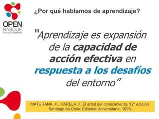 ¿Por qué hablamos de aprendizaje?“Aprendizaje es expansión de la capacidad de acción efectiva en respuesta a los desafíos del entorno”MATURANA, H., VARELA, F. El árbol del conocimiento. 12ª edición. Santiago de Chile: Editorial Universitaria, 1995.