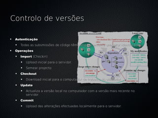Controlo de versões

 Autenticação
   Todas as subsmissões de código têm obrigatoriamente um autor identificado.
 Operações
   Import (Checkin)
      Upload inicial para o servidor.
      Semear projecto.
   Checkout
      Download inicial para o computador de trabalho do utilizador.
   Update
      Actualiza a versão local no computador com a versão mais recente no
      servidor.
   Commit
      Upload das alterações efectuadas localmente para o servidor.
 