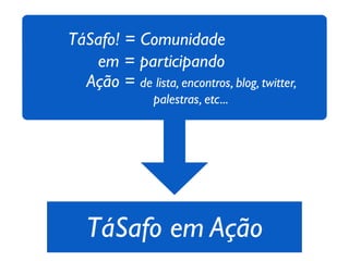 TáSafo! = Comunidade
   em = participando
  Ação = de lista, encontros, blog, twitter,
                palestras, etc...




   TáSafo em Ação
 