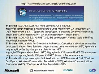 http://www.mslatam.com/brasil/dce/home.aspx1ª Estrela : ASP.NET, ADO.NET, Web Services, C# e VB.NET.Material complementar : Artigo sobre o .Net Framework , A linguagem C# , .NET Framework e C# , Tópicos de Introdução , Centro de Desenvolvimento do Visual Basic, Biblioteca MSDN – C#, Biblioteca MSDN – Visual Basic. 2ª Estrela - ADO.NET 2.0, ASP.NET 2.0, IDE do Microsoft Visual Studio e UnifiedModelingLanguage (UML).3ª Estrela – UML e Visio for Enterprise Architects, Concetios e técnicas avançadas de acesso à dados, Web Services, Segurança no desenvolvimento .NET, Aprenda a migrar aplicações legadas para a plataforma .NET:Migração VB6 para Visual Basic .NET, Migração de ASP para ASP.NET, Técnicas para migrar suas aplicações de ASP para ASP.NET. Acesso a Dados Avançado.4ª Estrela - Uma apresentação de Introdução ao .NET Framework 3.0, Windows CardSpace, Windows Presentation Foundation(WPF),Windows Communication Foundation(WCF), Windows Workflow Foundation(WF).