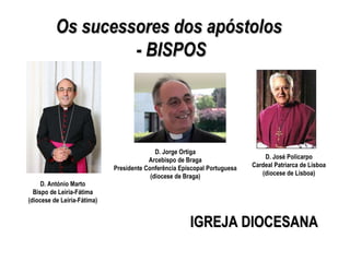 IGREJA DIOCESANA Os sucessores dos apóstolos  - BISPOS D. José Policarpo Cardeal Patriarca de Lisboa (diocese de Lisboa) D. Jorge Ortiga Arcebispo de Braga Presidente Conferência Episcopal Portuguesa (diocese de Braga) D. António Marto Bispo de Leiria-Fátima (diocese de Leiria-Fátima) 