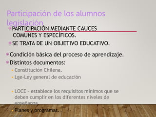⦿PARTICIPACIÓN MEDIANTE CAUCES
COMUNES Y ESPECÍFICOS.
⦿ SE TRATA DE UN OBJETIVO EDUCATIVO.
⦿ Condición básica del proceso de aprendizaje.
⦿ Distintos documentos:
◾Constitución Chilena.
◾Lge-Ley general de educación
◾LOCE – establece los requisitos mínimos que se
deben cumplir en los diferentes niveles de
enseñanza
◾Planes y programas.
Participación de los alumnos
legislación
 