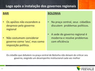 Logo após a instalação dos governos regionais
 BARI                                       BOLONHA

 • Os apúlios não escondem o                • Na praça central, seus cidadãos
   desprezo pelo governo                      discutem problemas políticos.
   regional
                                            • A sede do governo regional é
 • Não costumam considerar                    moderna e resolve problemas
   governo como ‘seu’, mas como               com eficiência
   imposição política.


     Os cidadão que debatem na praça central de Bolonha não deixam de criticar seu
            governo, exigindo um desempenho institucional cada vez melhor



10
 