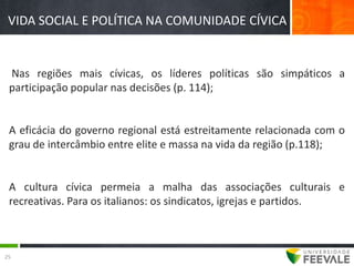 VIDA SOCIAL E POLÍTICA NA COMUNIDADE CÍVICA


 Nas regiões mais cívicas, os líderes políticas são simpáticos a
 participação popular nas decisões (p. 114);


 A eficácia do governo regional está estreitamente relacionada com o
 grau de intercâmbio entre elite e massa na vida da região (p.118);


 A cultura cívica permeia a malha das associações culturais e
 recreativas. Para os italianos: os sindicatos, igrejas e partidos.



25
 