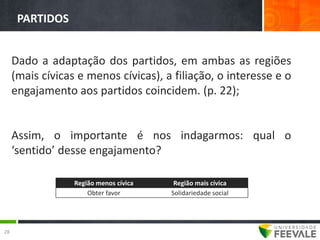 PARTIDOS


     Dado a adaptação dos partidos, em ambas as regiões
     (mais cívicas e menos cívicas), a filiação, o interesse e o
     engajamento aos partidos coincidem. (p. 22);


     Assim, o importante é nos indagarmos: qual o
     ‘sentido’ desse engajamento?

                  Região menos cívica    Região mais cívica
                      Obter favor       Solidariedade social




28
 