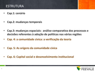 ESTRUTURA
    • Cap.1: cenário

    • Cap.2: mudanças temporais

    • Cap.3: mudanças espaciais: análise comparativa dos processos e
      decisões referentes à adoção de políticas nas várias regiões
    • Cap. 4: a comunidade cívica: a verificação da teoria

    • Cap. 5: As origens da comunidade cívica

    • Cap. 6: Capital social e desenvolvimento institucional


3
 