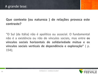 A grande tese:


     Que contexto (ou natureza ) de relações provoca este
     contraste?

     “O Sul (da Itália) não é apolítico ou associal. O fundamental
     não é a existência ou não de vínculos sociais, mas entre os
     vínculos sociais horizontais de solidariedade mútua e os
     vínculos sociais verticais de dependência e exploração” ( p.
     154);




36                           ESTÁGIO III - CHARLES KUNST
 
