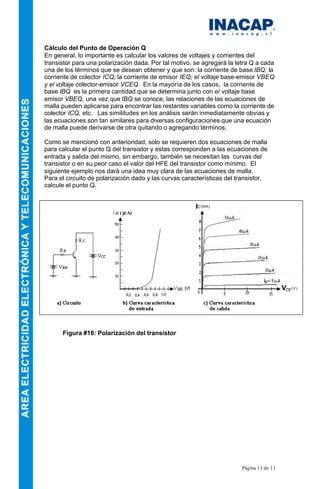 Página 11 de 11
Cálculo del Punto de Operación Q
En general, lo importante es calcular los valores de voltajes y corrientes del
transistor para una polarización dada. Por tal motivo, se agregará la letra Q a cada
una de los términos que se desean obtener y que son: la corriente de base IBQ; la
corriente de colector ICQ; la corriente de emisor IEQ; el voltaje base-emisor VBEQ
y el voltaje colector-emisor VCEQ. En la mayoría de los casos, la corriente de
base IBQ es la primera cantidad que se determina junto con el voltaje base
emisor VBEQ, una vez que IBQ se conoce, las relaciones de las ecuaciones de
malla pueden aplicarse para encontrar las restantes variables como la corriente de
colector ICQ, etc. Las similitudes en los análisis serán inmediatamente obvias y
las ecuaciones son tan similares para diversas configuraciones que una ecuación
de malla puede derivarse de otra quitando o agregando términos.
Como se mencionó con anterioridad, solo se requieren dos ecuaciones de malla
para calcular el punto Q del transistor y estas corresponden a las ecuaciones de
entrada y salida del mismo, sin embargo, también se necesitan las curvas del
transistor o en su peor caso el valor del HFE del transistor como mínimo. El
siguiente ejemplo nos dará una idea muy clara de las ecuaciones de malla.
Para el circuito de polarización dado y las curvas características del transistor,
calcule el punto Q.
Figura #18: Polarización del transistor
 