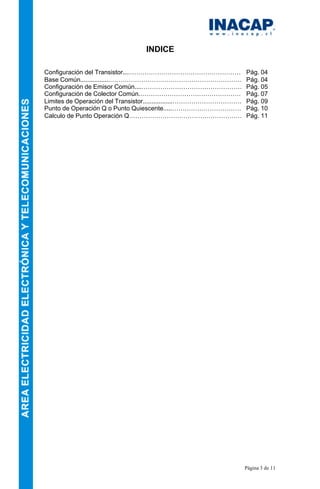 Página 3 de 11
INDICE
Configuración del Transistor...……………………………………………… Pág. 04
Base Común.................……………………………………………………… Pág. 04
Configuración de Emisor Común....………………………………………… Pág. 05
Configuración de Colector Común.………………………………………… Pág. 07
Limites de Operación del Transistor.................…………………………… Pág. 09
Punto de Operación Q o Punto Quiescente.....…………………………… Pág. 10
Calculo de Punto Operación Q……………………………………………… Pág. 11
 