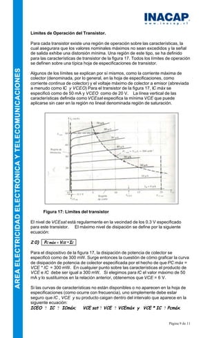 Página 9 de 11
Límites de Operación del Transistor.
Para cada transistor existe una región de operación sobre las características, la
cual asegurara que los valores nominales máximos no sean excedidos y la señal
de salida exhibe una distorsión mínima. Una región de este tipo, se ha definido
para las características de transistor de la figura 17. Todos los límites de operación
se definen sobre una típica hoja de especificaciones de transistor.
Algunos de los límites se explican por sí mismos, como la corriente máxima de
colector (denominada, por lo general, en la hoja de especificaciones, como
corriente continua de colector) y el voltaje máximo de colector a emisor (abreviada
a menudo como IC y VCEO) Para el transistor de la figura 17, IC máx se
especificó como de 50 mA y VCEO como de 20 V. La línea vertical de las
características definida como VCEsat especifica la mínima VCE que puede
aplicarse sin caer en la región no lineal denominada región de saturación.
Figura 17: Limites del transistor
El nivel de VCEsat está regularmente en la vecindad de los 0.3 V especificado
para este transistor. El máximo nivel de disipación se define por la siguiente
ecuación:
2.0) PC máx = VCE * IC .
Para el dispositivo de la figura 17, la disipación de potencia de colector se
especificó como de 300 mW. Surge entonces la cuestión de cómo graficar la curva
de disipación de potencia de colector especificada por el hecho de que PC máx =
VCE * IC = 300 mW. En cualquier punto sobre las características el producto de
VCE e IC debe ser igual a 300 mW. Si elegimos para IC el valor máximo de 50
mA y lo sustituimos en la relación anterior, obtenemos que VCE = 6 V.
Si las curvas de características no están disponibles o no aparecen en la hoja de
especificaciones (como ocurre con frecuencia), uno simplemente debe estar
seguro que IC , VCE y su producto caigan dentro del intervalo que aparece en la
siguiente ecuación:
ICEO ? IC ? ICmáx; VCE sat ? VCE ? VCEmáx y VCE * IC ? Pcmáx.
 