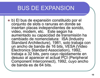 12
BUS DE EXPANSION
 b) El bus de expansión constituido por el
conjunto de slots o ranuras en donde se
insertan placas in...