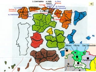 3. CANTABRIA        4. PAÍS     4c. Álava
                                                        VASCO       (Vitoria)
                                           Santander 4ª Vizcaya
                                                     (Bilbao)        4b. Guipúzcoa
                             2. PRINCIPADO


              ..
        1a. A CORUÑA                                                 (San Sebastián)
                             DE ASTURIAS
Santiago de
Compostela                         2ª. Oviedo   5. LA RIOJA         6. C. F.
              1. GALICIA                        (5ª. Logroño)                          7ª HUESCA

                   .
                        2a. LUGO                                    NAVARRA
4a. PONTEVEDRA
                       3a. ORENSE                                 Pamplona
                                                                  7b. Zaragoza 7. ARAGÓN

                                                                                 7c. TERUEL
 