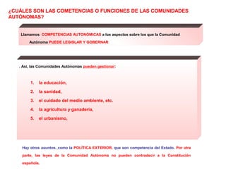 ¿CUÁLES SON LAS COMETENCIAS O FUNCIONES DE LAS COMUNIDADES
AUTÓNOMAS?


    Llamamos COMPETENCIAS AUTONÓMICAS a los aspectos sobre los que la Comunidad

        Autónoma PUEDE LEGISLAR Y GOBERNAR




   . Así, las Comunidades Autónomas pueden gestionar:



        1.   la educación,

        2.   la sanidad,

        3.   el cuidado del medio ambiente, etc.

        4.   la agricultura y ganadería,

        5.   el urbanismo,




    Hay otros asuntos, como la POLÍTICA EXTERIOR, que son competencia del Estado. Por otra

    parte, las leyes de la Comunidad Autónoma no pueden contradecir a la Constitución

    española.
 