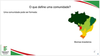Seu Logotipo ou Nome Aqui
Seu Logotipo ou Nome Aqui
Seu Logotipo ou Nome Aqui
O que define uma comunidade?
10
Biomas brasileiros
Uma comunidade pode ser formada:
 