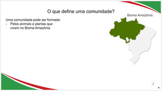 Seu Logotipo ou Nome Aqui
Seu Logotipo ou Nome Aqui
Seu Logotipo ou Nome Aqui
O que define uma comunidade?
11
Uma comunidade pode ser formada:
- Pelos animais e plantas que
vivem no Bioma Amazônia
Bioma Amazônia
 