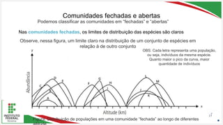Seu Logotipo ou Nome Aqui
Seu Logotipo ou Nome Aqui
Seu Logotipo ou Nome Aqui
Comunidades fechadas e abertas
17
Nas comunidades fechadas, os limites de distribuição das espécies são claros
Podemos classificar as comunidades em “fechadas” e “abertas”
Observe, nessa figura, um limite claro na distribuição de um conjunto de espécies em
relação à de outro conjunto
Figura: Distribuição de populações em uma comunidade “fechada” ao longo de diferentes
OBS: Cada letra representa uma população,
ou seja, indivíduos da mesma espécie.
Quanto maior o pico da curva, maior
quantidade de indivíduos
 
