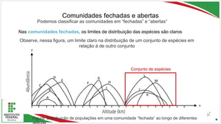 Seu Logotipo ou Nome Aqui
Seu Logotipo ou Nome Aqui
Seu Logotipo ou Nome Aqui
Comunidades fechadas e abertas
21
Nas comunidades fechadas, os limites de distribuição das espécies são claros
Podemos classificar as comunidades em “fechadas” e “abertas”
Observe, nessa figura, um limite claro na distribuição de um conjunto de espécies em
relação à de outro conjunto
Figura: Distribuição de populações em uma comunidade “fechada” ao longo de diferentes
Conjunto de espécies
 