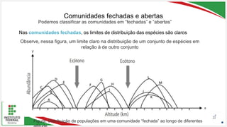 Seu Logotipo ou Nome Aqui
Seu Logotipo ou Nome Aqui
Seu Logotipo ou Nome Aqui
Comunidades fechadas e abertas
22
Nas comunidades fechadas, os limites de distribuição das espécies são claros
Podemos classificar as comunidades em “fechadas” e “abertas”
Figura: Distribuição de populações em uma comunidade “fechada” ao longo de diferentes
Observe, nessa figura, um limite claro na distribuição de um conjunto de espécies em
relação à de outro conjunto
 