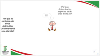 Seu Logotipo ou Nome Aqui
Seu Logotipo ou Nome Aqui
Seu Logotipo ou Nome Aqui 31
Por que as
espécies não
estão
distribuídas
uniformemente
pelo planeta?
Por que
determinadas
espécies estão
aqui e não ali?
 