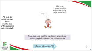 Seu Logotipo ou Nome Aqui
Seu Logotipo ou Nome Aqui
Seu Logotipo ou Nome Aqui 33
Por que as
espécies não
estão
distribuídas
uniformemente
pelo planeta?
Quais são eles???
Por que
determinadas
espécies estão
aqui e não ali?
Para que uma espécie exista em algum lugar,
alguns aspectos devem ser considerados
 
