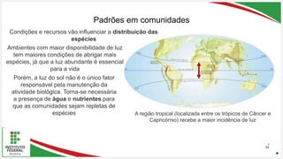Seu Logotipo ou Nome Aqui
Seu Logotipo ou Nome Aqui
Seu Logotipo ou Nome Aqui
Padrões em comunidades
38
Condições e recursos vão influenciar a distribuição das
espécies
Ambientes com maior disponibilidade de luz
tem maiores condições de abrigar mais
espécies, já que a luz abundante é essencial
para a vida
A região tropical (localizada entre os trópicos de Câncer e
Capricórnio) recebe a maior incidência de luz
Porém, a luz do sol não é o único fator
responsável pela manutenção da
atividade biológica. Torna-se necessária
a presença de água e nutrientes para
que as comunidades sejam repletas de
espécies
 