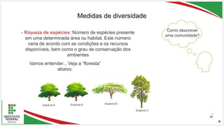 Seu Logotipo ou Nome Aqui
Seu Logotipo ou Nome Aqui
Seu Logotipo ou Nome Aqui
Medidas de diversidade
46
Espécie A Espécie A Espécie B
Espécie C
Como descrever
uma comunidade?
- Riqueza de espécies: Número de espécies presente
em uma determinada área ou habitat. Este número
varia de acordo com as condições e os recursos
disponíveis, bem como o grau de conservação dos
ambientes
Vamos entender... Veja a “floresta”
abaixo:
 
