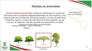 Seu Logotipo ou Nome Aqui
Seu Logotipo ou Nome Aqui
Seu Logotipo ou Nome Aqui
Medidas de diversidade
56
- Uniformidade/equitabilidade: medida da distribuição no número de
indivíduos entre as espécies (Representatividade de cada espécie). Uma
espécie pode ser considerada dominante quando o número de indivíduos
existentes supera o número de indivíduos de outras espécies. Já, por
sua vez, as espécies raras são aquelas que apresentam um baixo
número de indivíduos na comunidade
Espécie A Espécie A Espécie B
Espécie C
Como descrever
uma comunidade?
1 indivíduo
Vamos entender... Veja a “floresta”
abaixo:
 