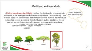 Seu Logotipo ou Nome Aqui
Seu Logotipo ou Nome Aqui
Seu Logotipo ou Nome Aqui
Medidas de diversidade
57
- Uniformidade/equitabilidade: medida da distribuição no número de
indivíduos entre as espécies (Representatividade de cada espécie). Uma
espécie pode ser considerada dominante quando o número de indivíduos
existentes supera o número de indivíduos de outras espécies. Já, por
sua vez, as espécies raras são aquelas que apresentam um baixo
número de indivíduos na comunidade
Espécie A Espécie A Espécie B
Espécie C
Como descrever
uma comunidade?
1 indivíduo
Vamos entender... Veja a “floresta”
abaixo:
 