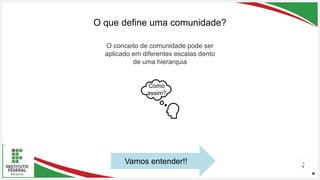Seu Logotipo ou Nome Aqui
Seu Logotipo ou Nome Aqui
Seu Logotipo ou Nome Aqui
O que define uma comunidade?
9
O conceito de comunidade pode ser
aplicado em diferentes escalas dento
de uma hierarquia
Como
assim?
Vamos entender!!
 