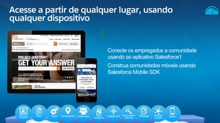 Acesse a partir de qualquer lugar, usando
qualquer dispositivo
Conecte os empregados a comunidade
usando ao aplicativo Salesforce1
Construa comunidades móveis usando
Salesforce Mobile SDK
Business
Integration Files Action Personalization Collaboration Social
Intelligence
Engagement Customization/
Branding
Templates Manager
Console
Mobile
 