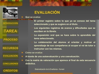 EVALUACIÓN Qué se evalúa: El primer registro sobre lo que ya se conoce del tema seleccionado y que se sugiere en el título. Los siguientes registros de avance y dificultades que se escriben en la libreta. La exposición oral que se hace sobre lo aprendido del tema seleccionado. La colaboración del alumno al orientar y motivar el aprendizaje de sus compañeros al ocupar el rol de tutor o instructor con los mismos.  Cómo se evalúa: A través de una autoevaluación y una coevaluación. Con la matriz de valoración que aparece al final de esta secuencia didáctica. INTRODUCCIÓN TAREA PROCESO RECURSOS EVALUACIÓN CRÉDITOS CONCLUSIONES 