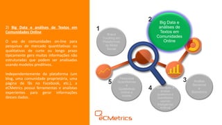 Moderação e
análise
qualitativa e
quantitativa
usando
Inteligência
Artificial​
Big Data e
análises de
Textos em
Comunidades
Online
Brand
Tracking em
Plataformas
de Mídia
Social
Pesquisas
Quantitativas
e
Qualitativas
Online e
mobile
Análise
Sensorial
e
Biométrico
1
2
3
4
5
2) Big Data e análises de Textos em
Comunidades Online
O uso de comunidades on-line para
pesquisas de mercado quantitativas ou
qualitativas de curto ou longo prazo
tipicamente gera muitas informações não
estruturadas que podem ser analisadas
usando modelos preditivos.
Independentemente da plataforma (um
blog, uma comunidade proprietária, uma
página de fãs no Facebook, etc.), a
eCMetrics possui ferramentas e analistas
experientes para gerar informações
desses dados.
 