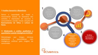 Moderação e
análise
qualitativa e
quantitativa
usando
Inteligência
Artificial​
Big Data e
análises de
Textos em
Comunidades
Online
Brand
Tracking em
Plataformas
de Mídia
Social
Pesquisas
Quantitativas
e
Qualitativas
Online e
mobile
Análise
Sensorial e
Biométrico
1 2
3
4
5
3) Análise Sensorial e Biométrico
Temos a capacidade de medir o
inconsciente através da biometria dos
sentidos e expressões de usuários e
consumidores usando nossas soluções de
Rastreamento de Olhos e Leitura de
Rosto.
4) Moderação e análise qualitativa e
quantitativa usando Inteligência Artificial
Metodologia que integra técnicas
qualitativas e quantitativas com
inteligência artificial para insights do
consumidor.
 