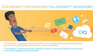 PUSH RESEARCH* ESTÁ EM DECLÍNIO! PULL RESEARCH** EM ASCENÇÃO!
* Push Research = pesquisa de mercado baseada no envio de perguntas para respondentes passivos,
que são usados e descartadaos como recursos, a cada nova pesquisa.
** Pull Research = pesquisa de mercado baseada em escutar o consumidor, engajá-los em conversas,
co-criar e fazer perguntas, quando necessário.
 