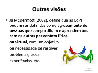 Outras visões
• Já McDermott (2002), define que as CoPs
  podem ser definidas como agrupamento de
  pessoas que compartilham e aprendem uns
  com os outros por contato físico
  ou virtual, com um objetivo
  ou necessidade de resolver
  problemas, trocar
  experiências, etc.
                                           Tópico 1
                                       Slide 5 de 8
 
