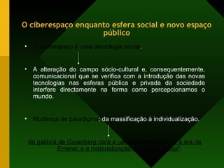 O ciberespaço enquanto esfera social e novo espaço público <ul><li>O ciberespaço é uma tecnologia social . </li></ul><ul><...