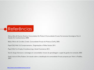 Referências
h<p://www.comunidadeempresas.com.br/	
  	
  
Abreu,Aline & Duarte, Donária. Comunidades De Prática E ComunidadesVirtuais: Ferramentas Estratégicas Para A
Gestão Do Conhecimento, 2008.	

	

Balian, Márcio & Carvalho, Credic. ComunidadesVirtuais de Práticas (CoPs), 2005.	

	

PaperCliQ.Web 2.0, Comportamento , Organizações e Mídias Sociais, 2011.	

	

PaperCliQ. Co-Criação, Crowdsourcing e Social Commerce, 2011.	

	

Storch, Sergio. Estrutura e estratégia em comunidades virtuais de aprendizagem: o papel da gestão de conteúdo, 2005.	

	

Szabó, Inácio & Silva, Rubens. Um estudo sobre a classıfıcação de comunıdadesVirtuais proposta por Henri e Pudelko,
2007.	

	

 