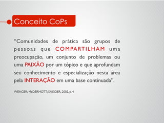 Conceito CoPs
“Comunidades de prática são grupos de
pessoas que COMPARTILHAM uma
preocupação, um conjunto de problemas ou
uma PAIXÃO por um tópico e que aprofundam
seu conhecimento e especialização nesta área
pela INTERAÇÃO em uma base continuada”.	

	

WENGER; McDERMOTT; SNEIDER, 2002, p. 4	

 