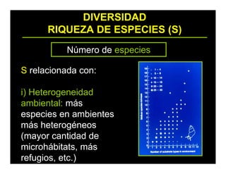 DIVERSIDAD
RIQUEZA DE ESPECIES (S)
Número de especies
S relacionada con:
i) Heterogeneidad
ambiental: más
especies en ambientes
más heterogéneos
(mayor cantidad de
microhábitats, más
refugios, etc.)
 
