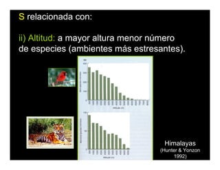 S relacionada con:
ii) Altitud: a mayor altura menor número
de especies (ambientes más estresantes).
Himalayas
(Hunter & Yonzon
1992)
 