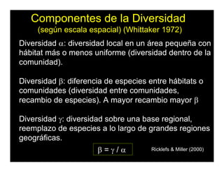 Componentes de la Diversidad
(según escala espacial) (Whittaker 1972)
Diversidad α: diversidad local en un área pequeña con
hábitat más o menos uniforme (diversidad dentro de la
comunidad).
Diversidad β: diferencia de especies entre hábitats o
comunidades (diversidad entre comunidades,
recambio de especies). A mayor recambio mayor β
Diversidad γ: diversidad sobre una base regional,
reemplazo de especies a lo largo de grandes regiones
geográficas.
β = γ / α Ricklefs & Miller (2000)
 