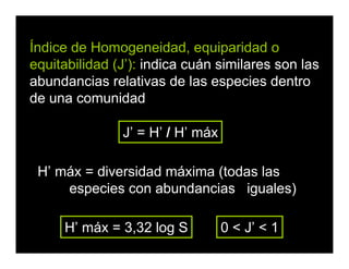 Índice de Homogeneidad, equiparidad o
equitabilidad (J’): indica cuán similares son las
abundancias relativas de las especies dentro
de una comunidad
J’ = H’ / H’ máx
0 < J’ < 1
H’ máx = diversidad máxima (todas las
especies con abundancias iguales)
H’ máx = 3,32 log S
 
