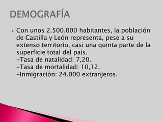DEMOGRAFÍACon unos 2.500.000 habitantes, la población de Castilla y León representa, pese a su extenso territorio, casi una quinta parte de la superficie total del país.                                                                                                                                         -Tasa de natalidad: 7,20.                                                                                                          -Tasa de mortalidad: 10,12.                                                                                               -Inmigración: 24.000 extranjeros.