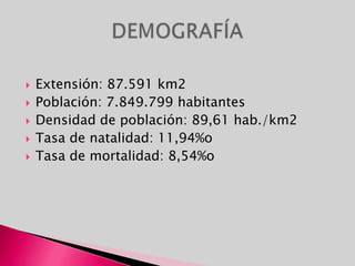Extensión: 87.591 km2Población: 7.849.799 habitantesDensidad de población: 89,61 hab./km2Tasa de natalidad: 11,94%oTasa de mortalidad: 8,54%oDEMOGRAFÍA
