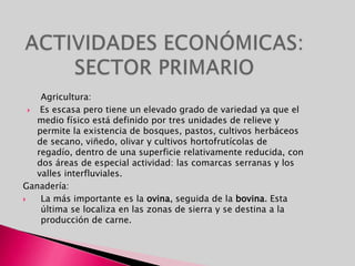 ACTIVIDADES ECONÓMICAS: SECTOR PRIMARIOAgricultura: Es escasa pero tiene un elevado grado de variedad ya que el medio físico está definido por tres unidades de relieve y permite la existencia de bosques, pastos, cultivos herbáceos de secano, viñedo, olivar y cultivos hortofrutícolas de regadío, dentro de una superficie relativamente reducida, con dos áreas de especial actividad: las comarcas serranas y los valles interfluviales.Ganadería: La más importante es la ovina, seguida de la bovina. Esta última se localiza en las zonas de sierra y se destina a la producción de carne.